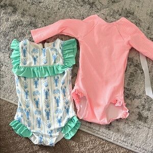 Charming Kids Swim One Piece - Pink and Blue with Green Ruffles